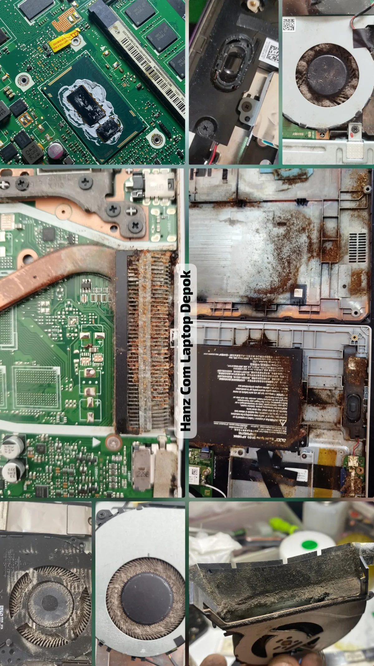 “Foto kondisi dalam laptop yang dibongkar di Hanz Com Laptop Depok: terlihat kipas penuh debu, heatsink tersumbat kotoran, motherboard berkarat, dan thermal paste mengering. Dokumentasi asli proses pemeriksaan kerusakan akibat panas, debu, dan lembab di wilayah Depok.”