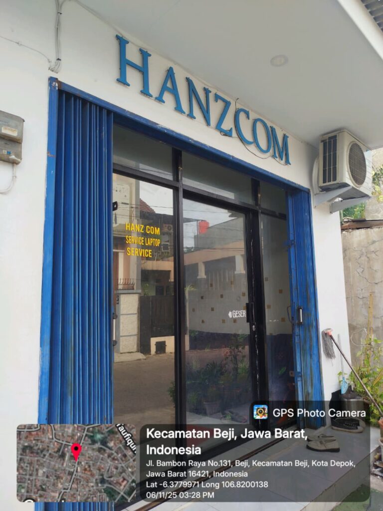 Tampak depan toko Hanz Com Laptop di Jl. Bambon Raya No.131, Beji, Depok — tempat layanan perbaikan laptop, konsultasi kerusakan, dan upgrade perangkat dengan teknisi berpengalaman