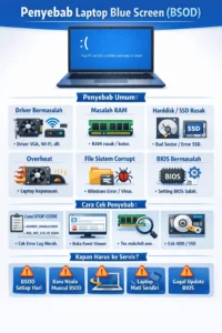 Infografis penyebab laptop blue screen (BSOD) di Windows, meliputi driver bermasalah, RAM rusak, harddisk atau SSD error, overheat, file sistem corrupt, dan BIOS bermasalah, lengkap dengan cara cek STOP CODE dan kapan harus ke servis.”