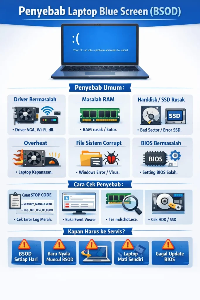 Infografis penyebab laptop blue screen (BSOD) di Windows, meliputi driver bermasalah, RAM rusak, harddisk atau SSD error, overheat, file sistem corrupt, dan BIOS bermasalah, lengkap dengan cara cek STOP CODE dan kapan harus ke servis.”
