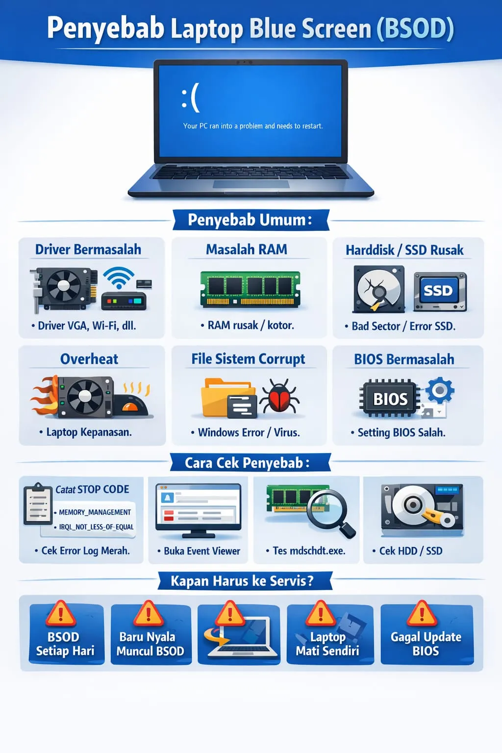 Infografis penyebab laptop blue screen (BSOD) di Windows, meliputi driver bermasalah, RAM rusak, harddisk atau SSD error, overheat, file sistem corrupt, dan BIOS bermasalah, lengkap dengan cara cek STOP CODE dan kapan harus ke servis.”
