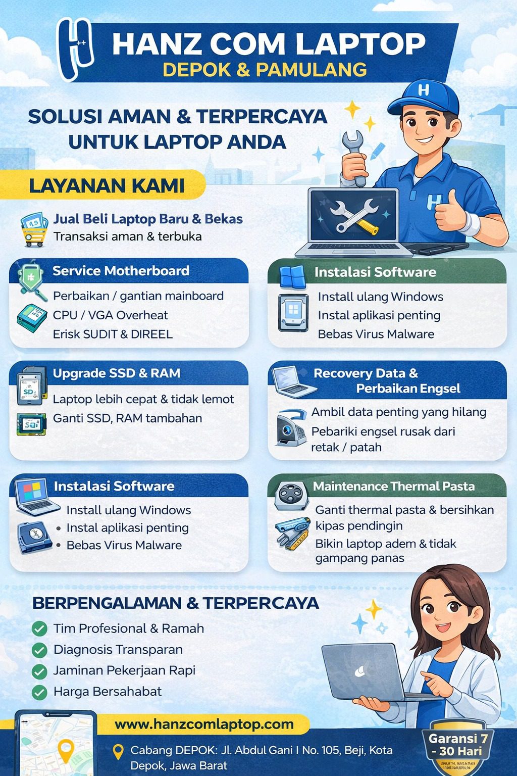 Infografis edukatif tentang perawatan dan servis laptop di Depok dan Pamulang, mencakup tips menjaga performa laptop agar tetap stabil